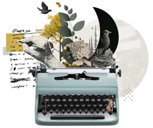 Montage d'une machine à écrire où l'on retrouve un écureuil, une main, du texte, des plantes, une lune et des oiseaux