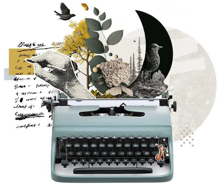 Montage d'une machine à écrire où l'on retrouve un écureuil, une main, du texte, des plantes, une lune et des oiseaux