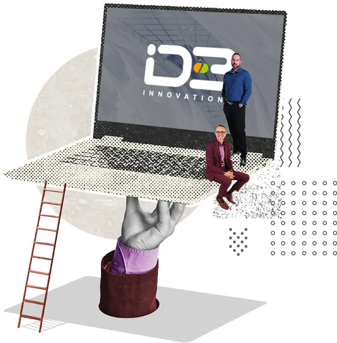Main tenant un lapotop avec le logo d'ID-3 à l'écran et Richard avec Sylvain sur le laptop