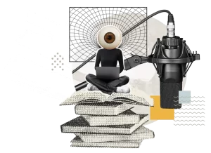 Montage d'une pile de livre avec un être à tête d'oeil assis sur celle-ci