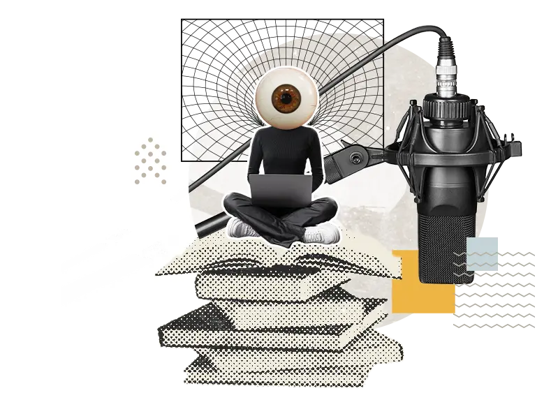 Montage d'une pile de livre avec un être à tête d'oeil assis sur celle-ci