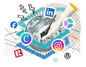 Montage d'une main tenant un crayon, avec la Terre dans le logo de Source.Immo et des logo de réseaux sociaux