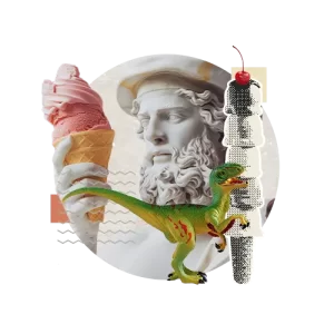 Homme de profil, tenant un cornet de crème glacé à deux boules avec devant lui un dinosaure et un cornet de crème glacé à 5 boules et une cerise