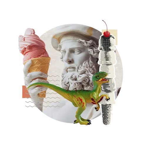 Homme de profil, tenant un cornet de crème glacé à deux boules avec devant lui un dinosaure et un cornet de crème glacé à 5 boules et une cerise