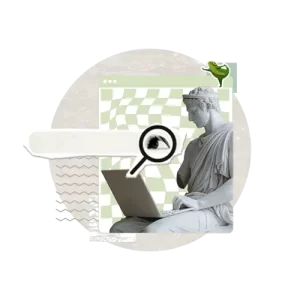 Homme statue utilisant un laptop avec une grenouille sur lui
