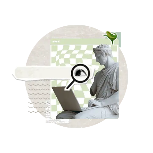 Homme statue utilisant un laptop avec une grenouille sur lui