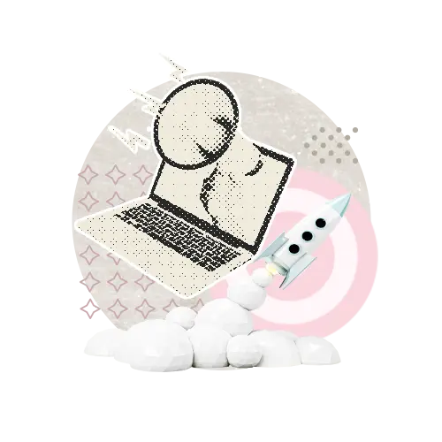 Main teant un mégaphone sortant d'un écran de laptop avec une fusée en arrière
