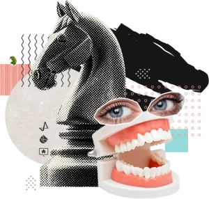 Montage d'un dentier avec des yeux de femme et la pièce du cavalier en arrière