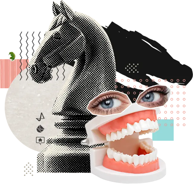 Montage d'un dentier avec des yeux de femme et la pièce du cavalier en arrière