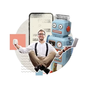 Un homme ne tailleur tenant un cagé d'une main et un laptop de l'autre avec un robot et cellulaire en arrière-plan
