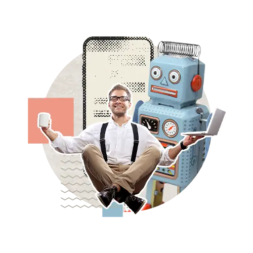 Un homme ne tailleur tenant un cagé d'une main et un laptop de l'autre avec un robot et cellulaire en arrière-plan
