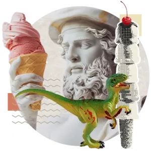 Homme de profil, tenant un cornet de crème glacé à deux boules avec devant lui un dinosaure et un cornet de crème glacé à 5 boules et une cerise
