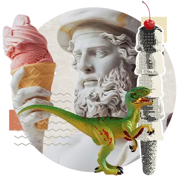Homme de profil, tenant un cornet de crème glacé à deux boules avec devant lui un dinosaure et un cornet de crème glacé à 5 boules et une cerise