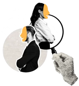 Loupe dans une main survolant un homme et une femme