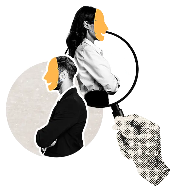 Loupe dans une main survolant un homme et une femme
