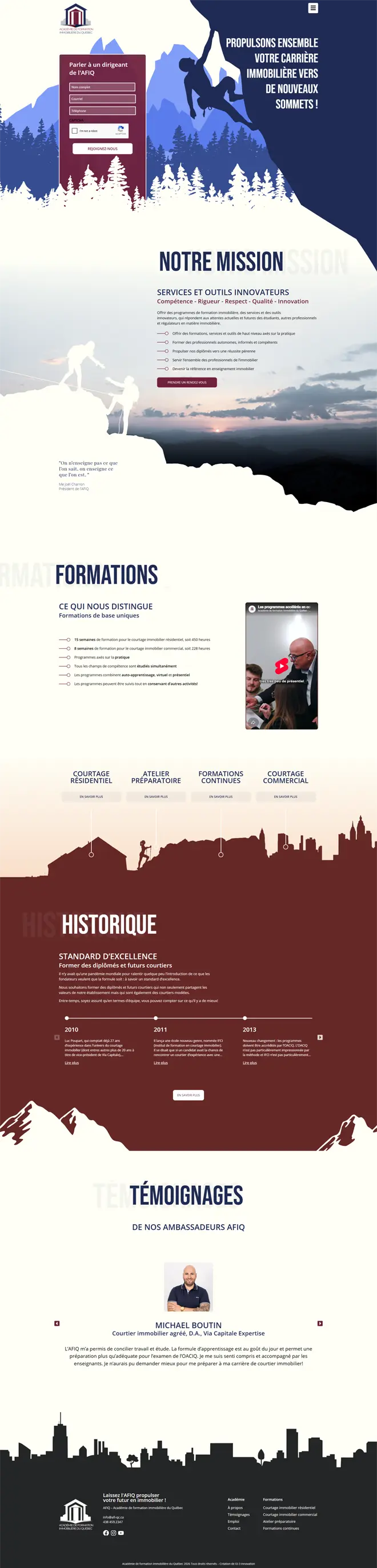 Page d'accueil du site web de l'Académie de formation immobilière du Québec, réalisé par ID-3 Innovations