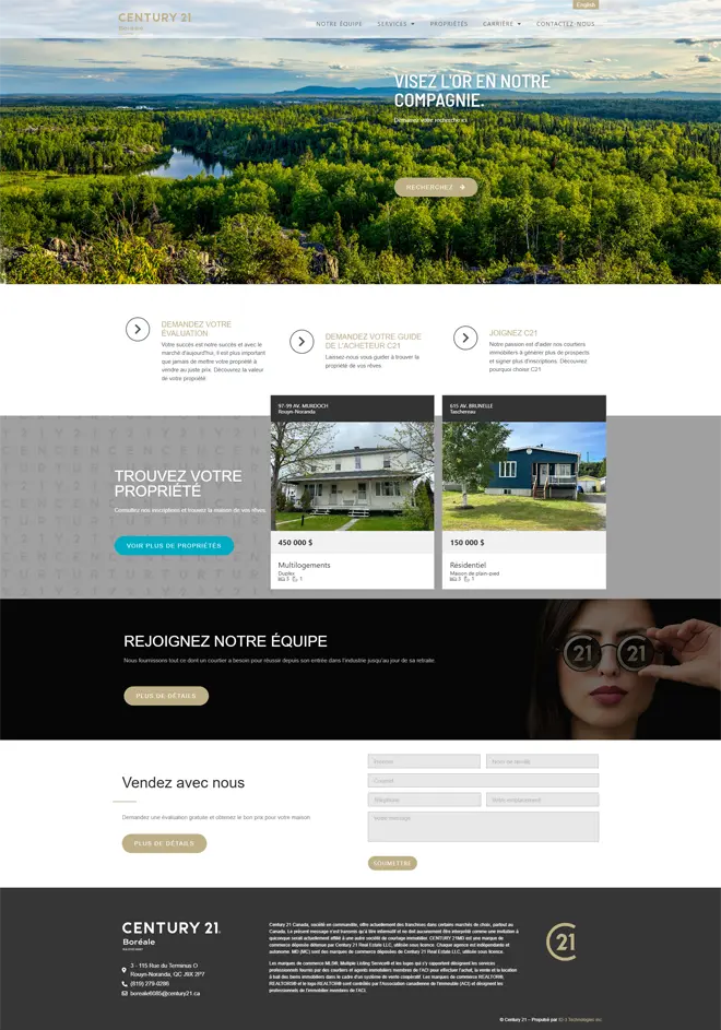 Page d'accueil du site web de Century 21 Boréale, réalisé par ID-3 Innovations