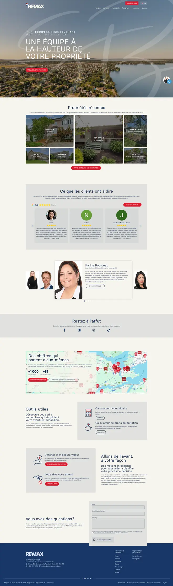 Page d'accueil du site web d'Équipe St-Denis Bouchard, réalisé par ID-3 Innovations
