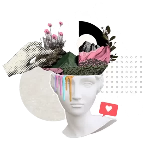 Statue visage femme avec peinture qui coule, et montage graphique sur sa tête