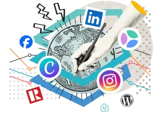 Montage d'une main tenant un crayon, avec la Terre dans le logo de Source.Immo et des logo de réseaux sociaux