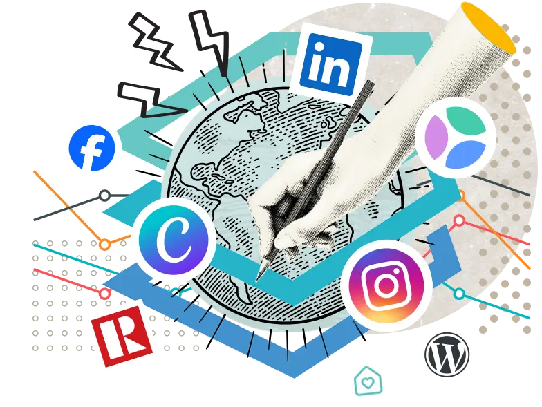 Montage d'une main tenant un crayon, avec la Terre dans le logo de Source.Immo et des logo de réseaux sociaux