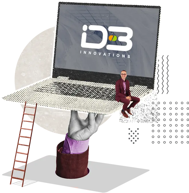 Main tenant un lapotop avec le logo d'ID-3 à l'écran et Richard avec Sylvain sur le laptop